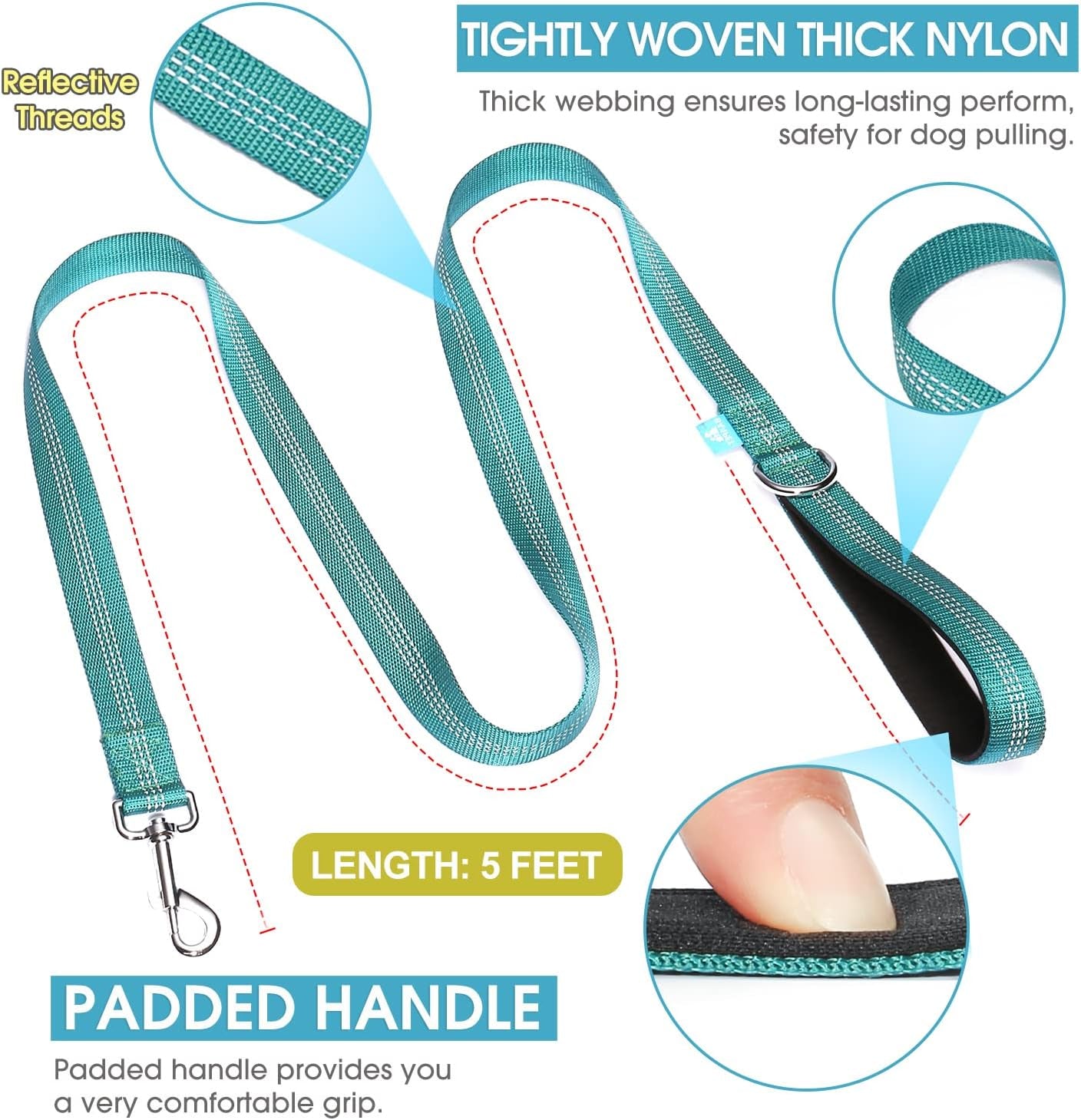 5 Feet Nylon Dog Leash with Triple Reflective Threads and Comfortable Padded Handle for Walking, Training Lead Small Puppy, Medium and Large Dogs (1.0'' X 5 FT, Teal)