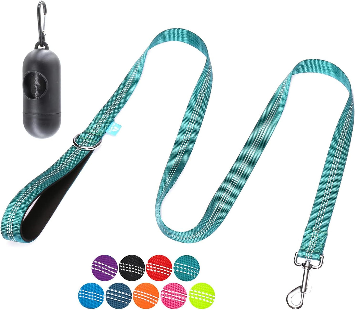 5 Feet Nylon Dog Leash with Triple Reflective Threads and Comfortable Padded Handle for Walking, Training Lead Small Puppy, Medium and Large Dogs (1.0'' X 5 FT, Teal)