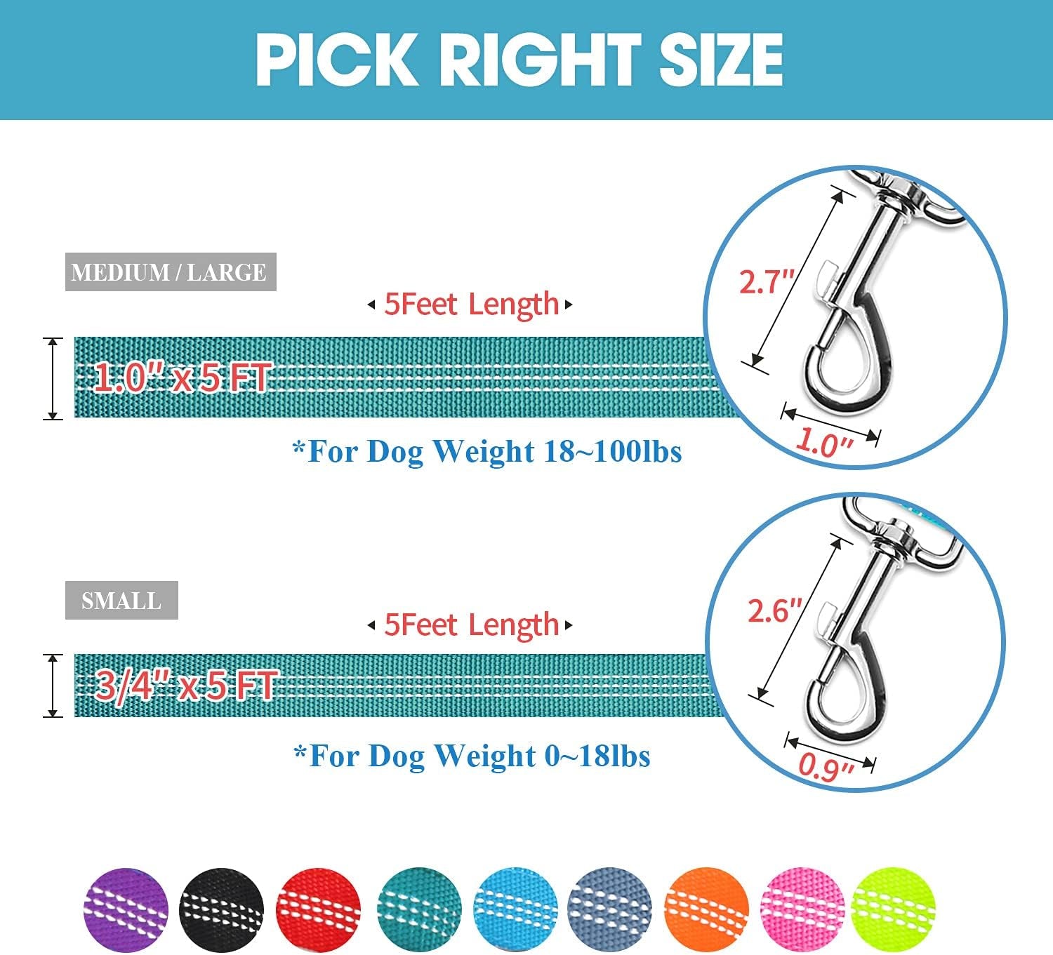 5 Feet Nylon Dog Leash with Triple Reflective Threads and Comfortable Padded Handle for Walking, Training Lead Small Puppy, Medium and Large Dogs (1.0'' X 5 FT, Teal)